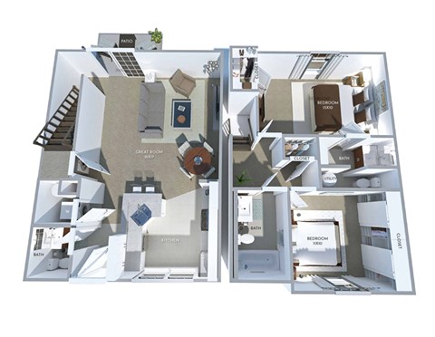 Floor plan for 2 beds, 2.5 baths, 1060 sqft
